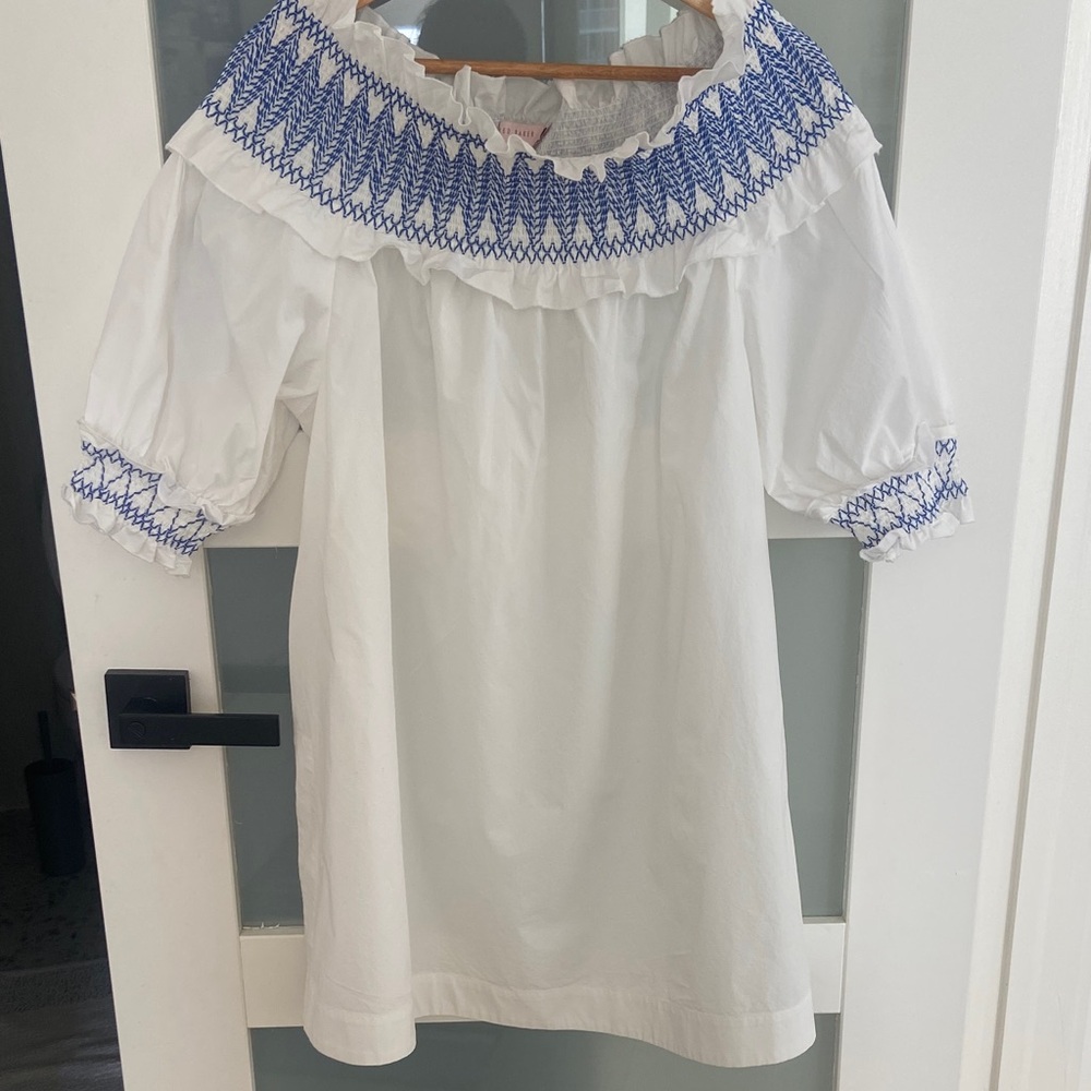 Ted Baker Pure white cotton poplin with blue embroidery.